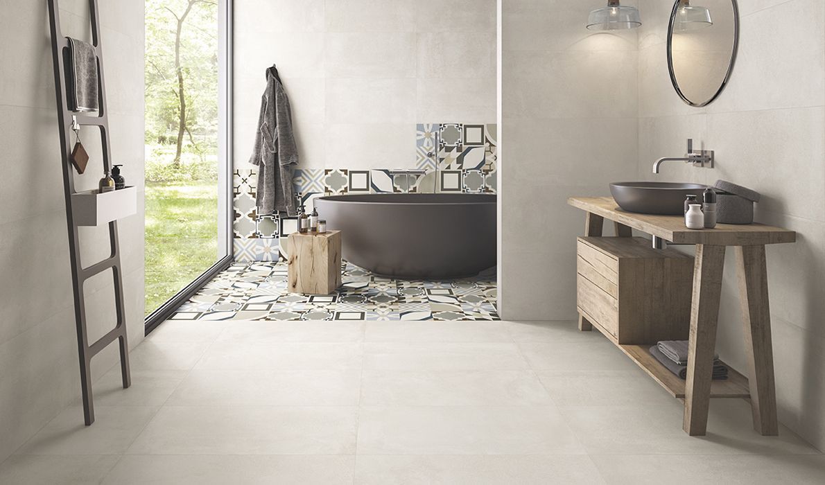 Carrelage format 45x90cm coloris beige, decor dessins mixtes format 20x20cm